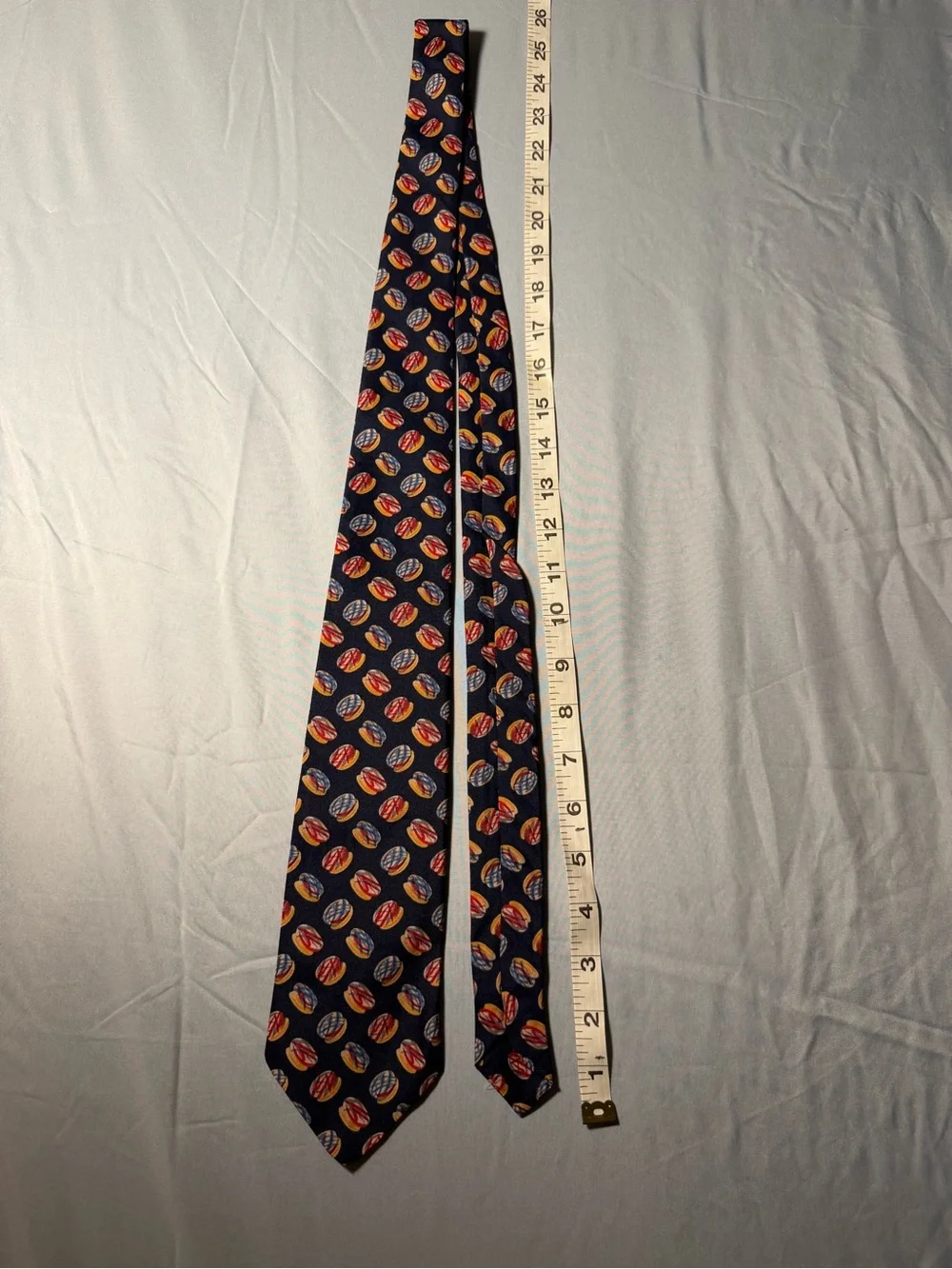Classic Navy Men's Tie. Red & Gold  donut Pattern. Italian silk styled made USA